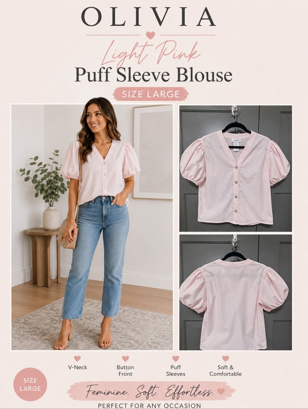 Olivia Light Pink Puff Sleeve Button Front Blouse Top Size Large